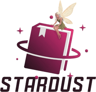 Λογότυπο Stardust: μια νεράιδα καθισμένη πάνω σε ένα βαθυκόκκινο βιβλίο, με έναν δακτύλιο αστεριών γύρω του και τη λέξη STARDUST από κάτω.